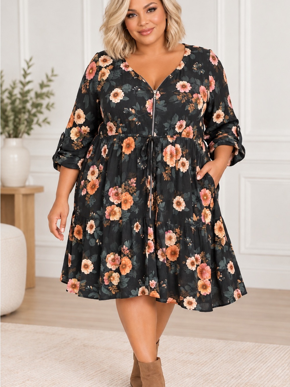 torrid Black Midi Dress with Peach & Blush Floral Print